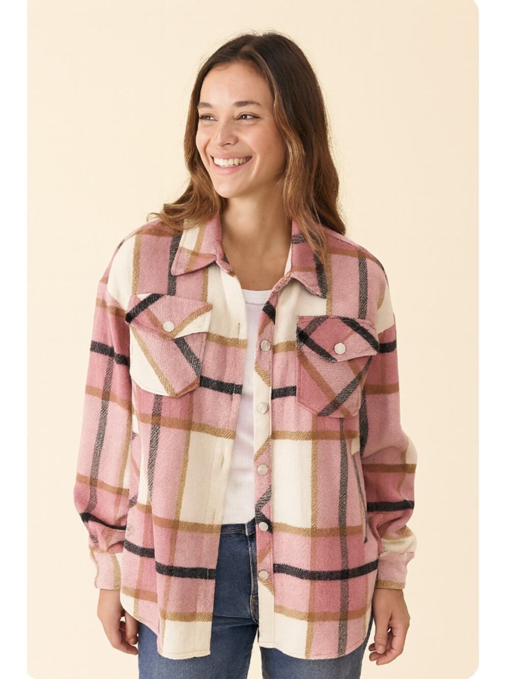 Womens Pink Lapel Plaid Wool Blend Coat Shirt Jacket Shacket XXL M Barn Flannel